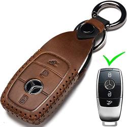 Leather Mercedes-Benz Key Fob Cover, Suit for Keyless Remote Control for Benz A C E S Class Series and GLK CLA GLA GLC GLE CLS SLK AMG Series etc (A-Brown)