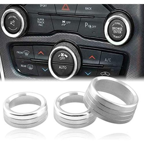 Challenger/Charger Control Knob Covers，Custom Fit Volume AC Radio Switch Button Decal Trim Rings Set of 3 - Compatible with Dodge Challenger/Charger (2015-UP) - Silver