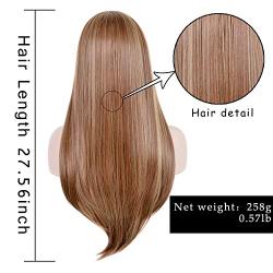 Smooth light brown long wig, slightly curly synthetic fiber, broken bangs wig, heat-resistant clothing wig, natural-colored female party hairstyle
