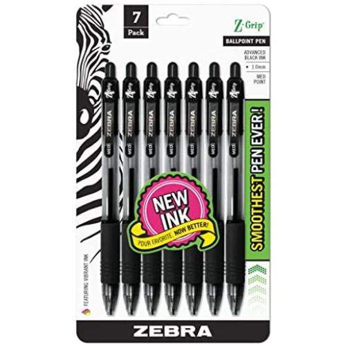 Zebra Pen Z-Grip Retractable Ballpoint Pen, Medium Point, 1.0mm, Black Ink, 7 Pack