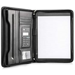 COSSINI Black Superior Vegan Leather Business Portfolio with Zipper – Padfolio All-in-One - Smartest Protective 10.1 Inch Tablet Sleeve, Presentation Slot, Solar Calculator, Card Storage, Writing Pad