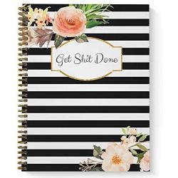 Softcover Classic Floral Get Stuff Done 8.5'' x 11'' Motivational Spiral Notebook/Journal, 120 Checklist Pages, Durable Gloss Laminated Cover, Gold Wire-o Spiral. Made in The USA