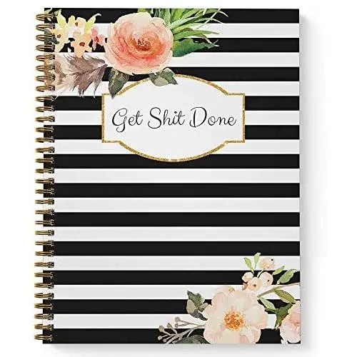 Softcover Classic Floral Get Stuff Done 8.5'' x 11'' Motivational Spiral Notebook/Journal, 120 Checklist Pages, Durable Gloss Laminated Cover, Gold Wire-o Spiral. Made in The USA Softcover Classic Floral Get Stuff Done 8.5'' x 11'' Motivational Spiral Notebook/Journal, 120 Checklist Pages, Durable Gloss Laminated Cover, Gold Wire-o Spiral. Made in The USA