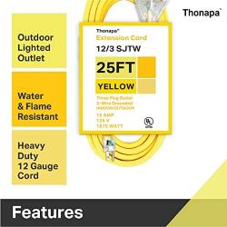 25 Foot Lighted Outdoor Extension Cord with 3 Electrical Power Outlets - 12/3 SJTW Heavy Duty Yellow Extension Cable with 3 Prong Grounded Plug for Safety