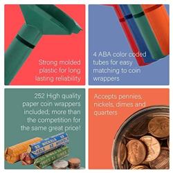252 Coin Wrappers with Coin Sorter Tube - Funnel Shaped Color-Coded Coin Counter Stacking Roll Sorting Tubes