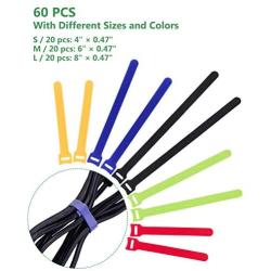 OneLeaf 60 Pcs Reusable Fastening Cable Ties with Hook and Loop, Multi-Purpose Cable Straps Wire Ties Cable Management, Adjustable Fastening Cord Ties for Computer/TV/Electronics, 3 Sizes and 5 Colors