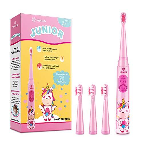 Vekkia Sonic Rechargeable Kids Electric Toothbrush, 3 Modes with Memory, Fun & Easy Cleaning, 31000 Strokes, IPX7 Waterproof, 2-Min Timer for Age 3+, 4 Soft Bristles