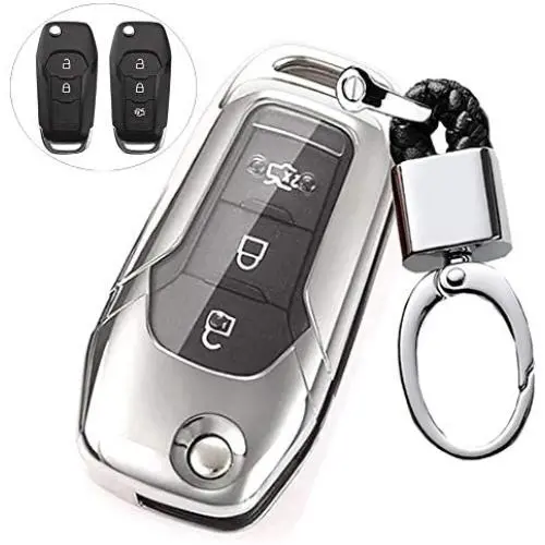 ROYALFOX(TM 2 3 Buttons Soft TPU flip Remote Key Fob case Cover for 2015 2016 2017 2018 2019 Ford F150 F250,Focus 3 Escort Kuga Everest Fiesta Mustang Edge MKV Fusion 2016 Ranger (Silver)