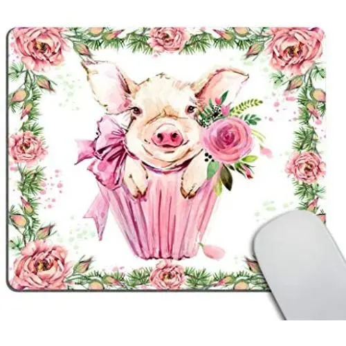 Smooffly Cute Pig Computer Mouse Pad,Watercolor Floral Office Accessories Non-Slip Rubber Comfortable Customized Gaming Mousepad