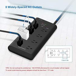 VASTFAFA 8-Outlet Surge Protector Power Strip with 3 Fast USB Charging Port/1050 Joules and 10-Foot Heavy Duty Extension Cord, FCC ETL Listed (Black-10ft)