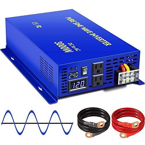 XYZ INVT 3000W Pure Sine Wave Power Inverter 24V DC to 110v 120V AC with 2 AC Outlets 2 Sets of Battery Cables, Power Converter for Home Solar System, RV, Camping.(3000W24V)