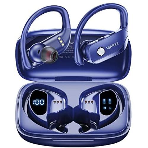 VEATOOL Wireless Earbuds Bluetooth Headphones 48hrs Playtime Sport Earphones with LED Display TWS Stereo Deep Bass Ear Buds with Earhooks Waterproof in-Ear Built-in Mic Headset for Running Workout