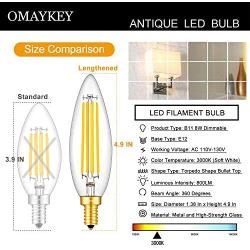 OMAYKEY 8W Lengthened LED Candelabra Bulb 3000K Soft White, 80W Equivalent 800LM Dimmable, E12 Base Vintage Edison B11 Lengthened Candle Clear Glass LED Chandelier Light Bulbs, Pack of 4