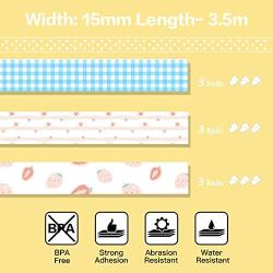 Phomemo M02 Pro/M02S Thermal Paper, 15mm Sticker Paper, Black on Little Daisies, Blue&white Plaid and the Milk Strawberry Beautiful Patterns , 15mm x 3.5m, 3 Rolls of Each Pattern, Total 9 Rolls