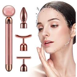 4-in-1 Beauty Bar 24k Golden Pulse Face Massager, Electric Jade Roller Facial Massager Rose Quartz, Arm Eye Nose Massage Stone for Face Lift Anti-Aging Anti-Wrinkles Skin Tightening Face Firming