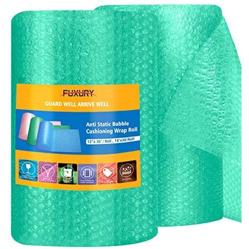 Fuxury Green Anti-Static Bubble Cushioning Wrap Roll Air Bubble Roll 2 Rolls 72 Feet Total,Perforated Every 12'',Included 20 Fragile Sticker Labels for Packaging Moving Shipping Boxes Supplies