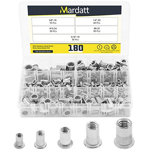 Mardatt 180Pcs SAE 304 Stainless Steel Rivnut Rivet Nut Assortment Kit Flat Head Threaded UNC Rivetnut Kit Insert Nutsert (#8-32#10-24 1/4''-20 5/16''-18 3/8''-16)