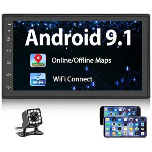 Double Din Android 9.1 Car Radio 7 TFT Touch Screen GPS Navigation 1G+16G Indash Car Stereo Support Bluetooth FM WiFi Steering Wheel Control Dual USB + 12 LEDs Rear View Camera