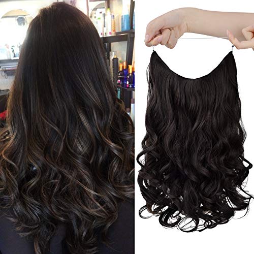HOOJIH Halo Hair Extensions 2 Ways Adjustable Head Size One Piece Curly Wavy Hair Extension Synthetic Hairpieces for Women 20 Inch --Black brown
