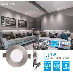 TORCHSTAR Premium 7W 3-Inch Ultra-Thin LED Recessed Light with J-Box, 5000K Daylight, Dimmable Slim Panel Downlight, 400lm, ETL & Energy Star, 5 Years Warranty, Satin Nickel Finish, Pack of 6