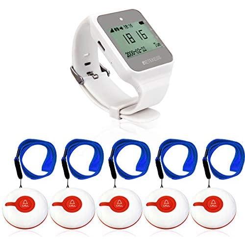 Retekess TD108 Wrist Pager System,Caregiver Pager,Smart Call Button,Max 999,72h Standby,1 Watch Receiver,5 Panic Buttons for Elderly,Patient,Resident