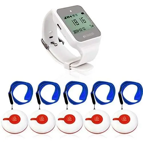 Retekess TD108 Wrist Pager System,Caregiver Pager,Smart Call Button,Max 999,72h Standby,1 Watch Receiver,5 Panic Buttons for Elderly,Patient,Resident