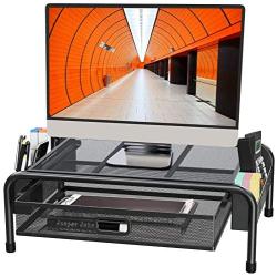 Monitor Stand Riser, Metal Desk Laptop Stand with Organizer Drawer, Desktop Organizer for Computer, Laptop, Printer and Phones by ELIVED, Black
