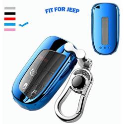 K LAKEY Key Fob Cover,Fit for Jeep Bottons Remote Key Grand Cherokee Renegade Compass Dodge Durango Journey Charger Challenger Key Fob,Smart Key Fob Soft TPU Case Shell with Alloy Keychain Blue