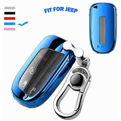 K LAKEY Key Fob Cover,Fit for Jeep Bottons Remote Key Grand Cherokee Renegade Compass Dodge Durango Journey Charger Challenger Key Fob,Smart Key Fob Soft TPU Case Shell with Alloy Keychain Blue