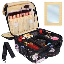 Kootek Travel Makeup Bag 2 Layer Portable Train Cosmetic Case Organizer with Mirror Shoulder Strap Adjustable Dividers for Cosmetics Makeup Brushes Toiletry Jewelry Digital Accessories