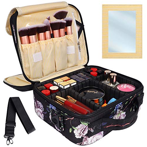 Kootek Travel Makeup Bag 2 Layer Portable Train Cosmetic Case Organizer with Mirror Shoulder Strap Adjustable Dividers for Cosmetics Makeup Brushes Toiletry Jewelry Digital Accessories