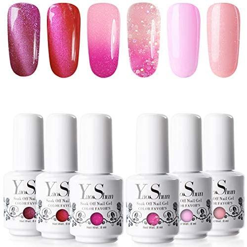 YaoShun Gel Nail Polish Set - Pink Girls Series 6 Colors Cat Eye Gel Temperature Color Changing Gel Pure Color Gel Nail Polish Nail Art Gift Box, Glitter Nail Polish 8ml Each at Home