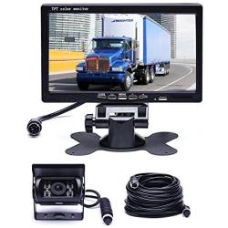 Hikity Backup Camera and Monitor Kit, Waterproof 18 IR LED Night Vision Reverse Camera + 7'' TFT Rear View Monitor Vehicle Parking System for RV Bus Trailer Truck (65ft 4-Pin Aviation Video Cable)