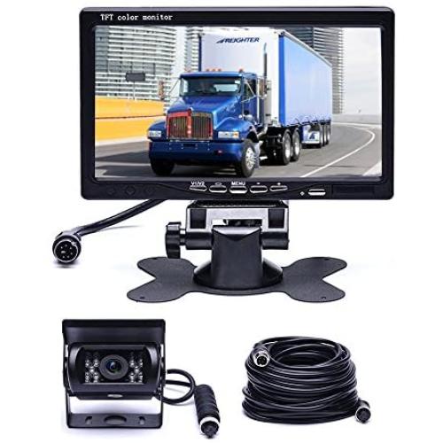 Hikity Backup Camera and Monitor Kit, Waterproof 18 IR LED Night Vision Reverse Camera + 7'' TFT Rear View Monitor Vehicle Parking System for RV Bus Trailer Truck (65ft 4-Pin Aviation Video Cable)