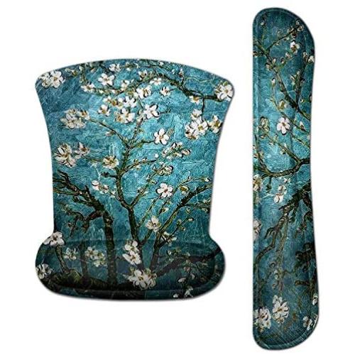 Meffort Inc Mouse Pad Wrist Support & Gaming Keyboard Wrist Pad Combo Set – Durable Ergonomic Anti Slip Non-Slip Square Base Rest Support - Almond Blossoming