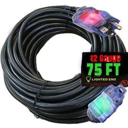 us relic 12/3 75 FT Extension Cord Outdoor, Heavy Duty Electrical Cord 12 Gauge Lighted, 15 Amps, 1875 Watts, UL Listed (75 ft, black)