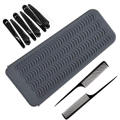 Silicone Heat Resistant Mat Pouch,Sonku Hair Styling Tools with 2 Pcs Tail Combs and 6 Pcs Clips for Hair Straightener,Crimping Iron,Hair Curling Waving Iron,Hair Curling Wand-Black