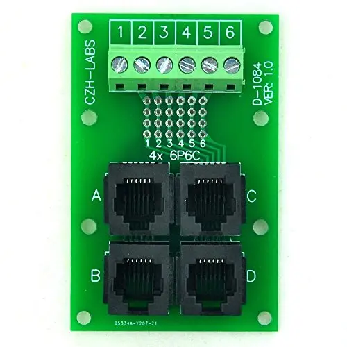 Electronics-Salon RJ11/RJ12 6P6C Jack 4-Way Buss Breakout Board, Terminal Block, Connector.
