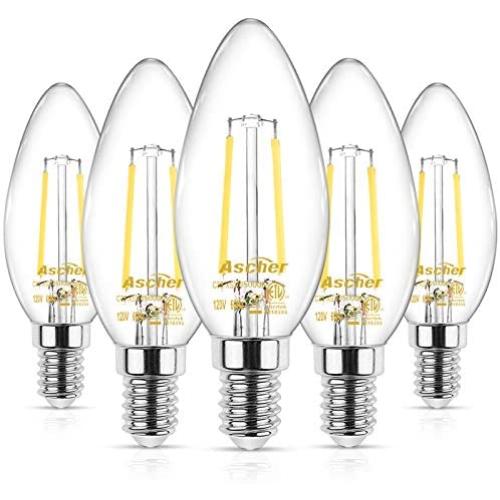 Ascher E12 LED Classic Candelabra Clear Light Bulbs, Equivalent 40W, Daylight White 5000K, Filament Clear Glass, Non-Dimmable, Pack of 5