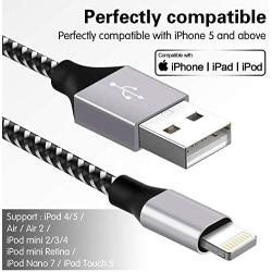 WUYA iPhone Charger, MFi Certified Lightning Cable 5 Pack (3/3/6/6/10FT) Nylon Woven with Metal Connector Compatible iPhone Xs Max/X/8/7/Plus/6S/6/SE/5S iPad - Black&White
