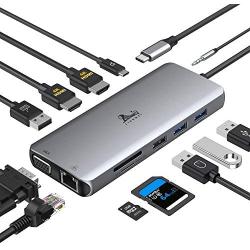 USB C Docking Station Dual Monitor, 12-in-1 Triple Display USB C Adapter for Windows with Dual 4K HDMI, VGA, Gigabit Ethernet, 2 USB 3.0, 2 USB 2.0, 87W PD, SD/TF Card Reader, AUX, for Type-C Laptops