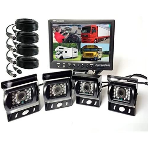 Vehicle Backup Cameras Monitor HD 1080P 12V/24V,4X 4 Pin Car Reverse Rear View Camera kit + 9'' inch IPS 4CH Quad Split AHD Monitor System for Bus Truck Trailer Caravan Camper RV