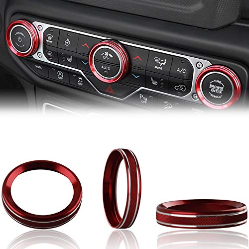 Climate Control Knob Covers for Wrangler JL， HVAC Radio Tuner Control Knobs Covers Trim Ring Bezels Interior Upgrade Kit，Compatible with Jeep Wrangler JL & Gladiators JT (2018-2021) - Red