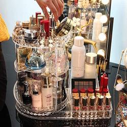 Makeup Organizer, 360-Degree Rotating Adjustable Multi-Function Acrylic Cosmetic Storage, Transparent, Stylish Design, Cosmetic and Jewelry Storage Display Boxes for Bedroom, Bathroom