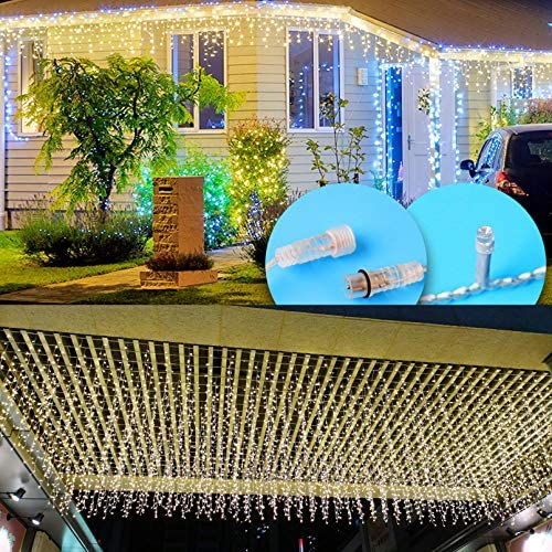 ZIMINGU Icicle Lights, 13FT, 144 LEDs, 8 Modes Christmas Lights Outdoor Connectable Dripping Curtain Decoration String Lights for Wedding Thanksgiving Gazebo Shopping Mall Yard Indoor (Warm White)