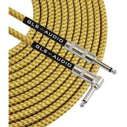 GLS Audio 10 Foot Guitar Instrument Cable - Right Angle 1/4 Inch TS to Straight 1/4 Inch TS 10 FT Brown Yellow Tweed Cloth Jacket - 10 Feet Pro Cord 10 Phono 6.3mm - Single