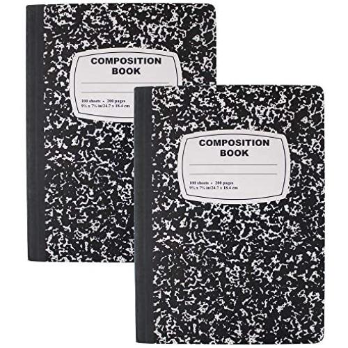 Emraw Black & White Marble Style Cover Composition Book with 100 Sheets of Wide Ruled White Paper (2 Pack)