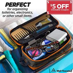 Well Traveled Toiletry Bag for Makeup, Shaving Kit, Cosmetics, Electronics Case for Men, Women, Kids - Portable, Compact, 3 Compartments, Soft Sided, Medium Size 10 x 4.5 x 4 Inches, Many Colors