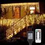 B-right Icicle Lights Outdoor, 32.8ft x 2.6ft 480 LED Christmas Lights Plug in Remote 29V 8 Modes LED String Lights for Christmas Bedroom Party Curtain Outdoor Indoor Wall Decorations, Warm White