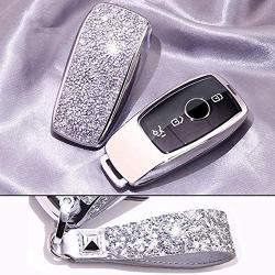 Royalfox(TM) Luxury 3 4 Buttons 3D Bling Smart keyless Entry Remote Key Fob case Cover for Mercedes-Benz E-Class S-Class W213 2016 2017 2018 2019,with Keychain (Silver)